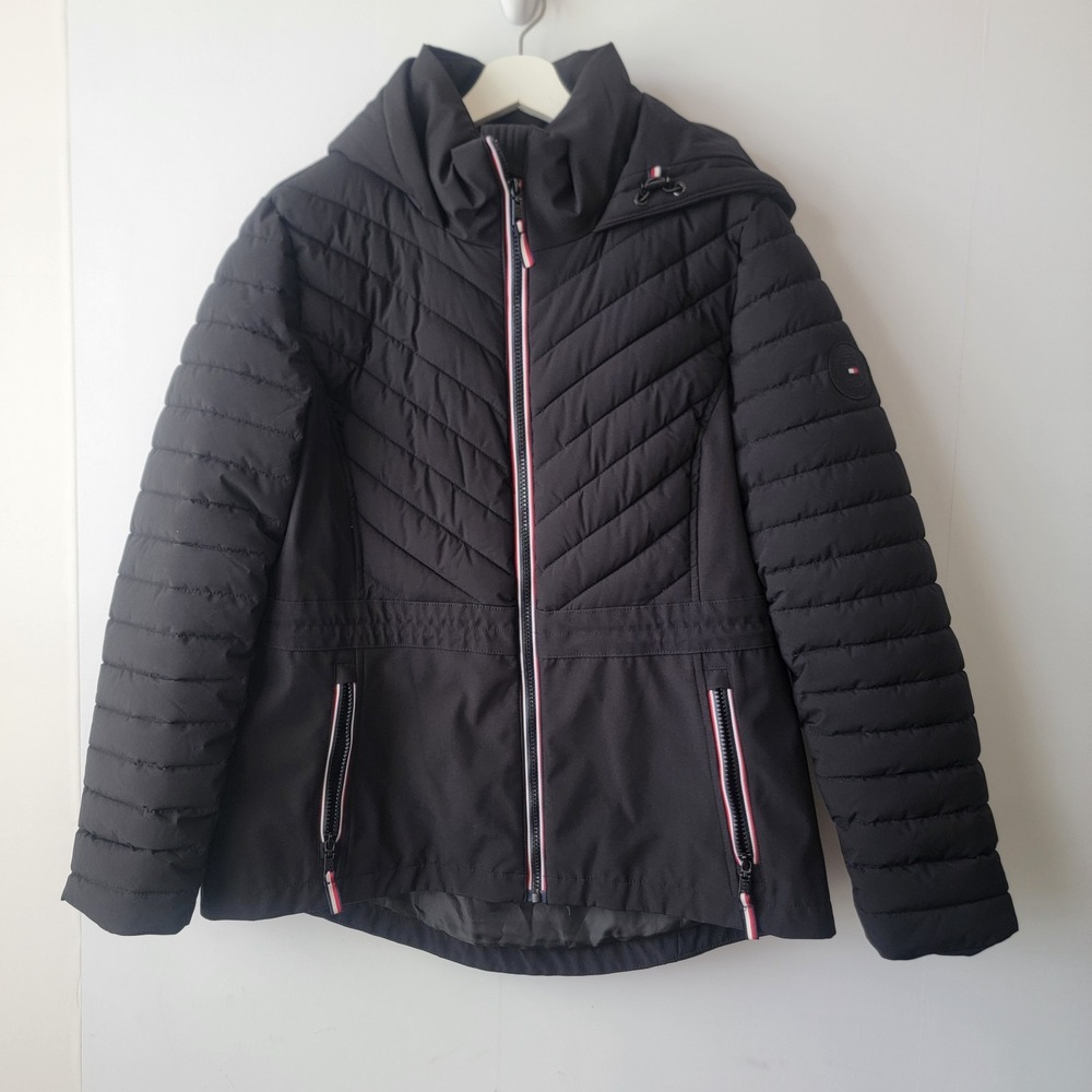 Tommy Hilfiger women's Puffer hooded Stretch Jacket size M Full Zip Pockets